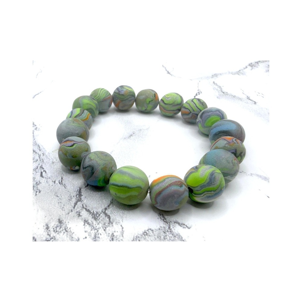Handmade Polymer Clay Stretch Bracelet Green Gray Marbled Beads‎ Boho Artisan 7"
